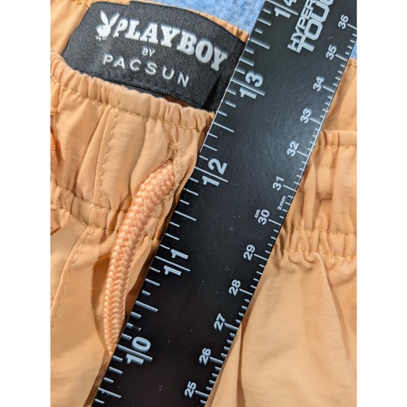 Playboy by PacSun Mens Nylon Shorts Peach Tan Bunny Logo Size L 6 Inch Inseam - Picture 7 of 9